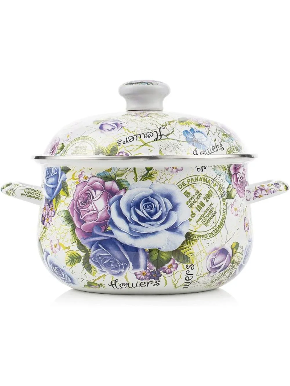 Floral 5 Qt Enamel Stock Pot with Lid | Nonstick Soup & Bean Pot, 3-5 Servings